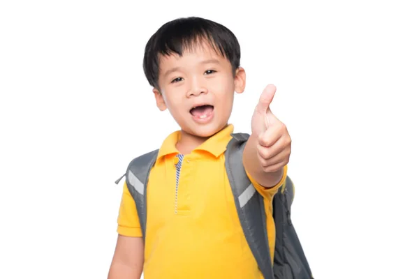 Asiatiska Liten Pojke Ger Dig Tummen Upp Över Vit Bakgrund — Stockfoto