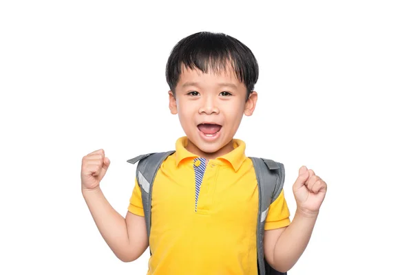 Joven Asiático Chico Sonrisa Gesto Manos Listo Escuela — Foto de Stock