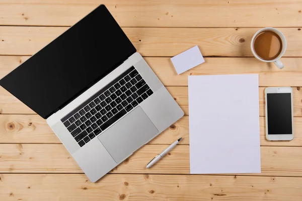 Working Place Wooden Table Top View Office Corporate Design Mockup — Stock Photo, Image