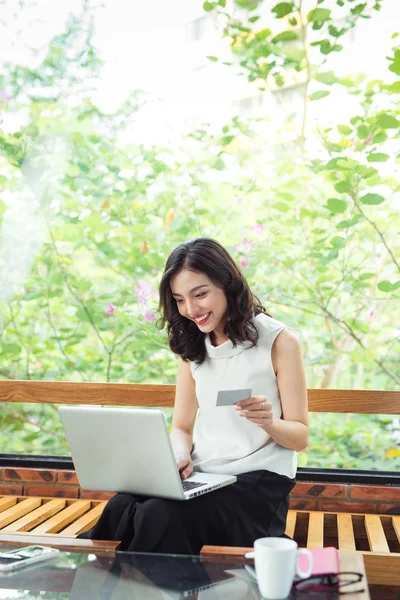 Asian Woman Shopping Online While Sitting Window Creative Office Cafe — Stock Photo, Image