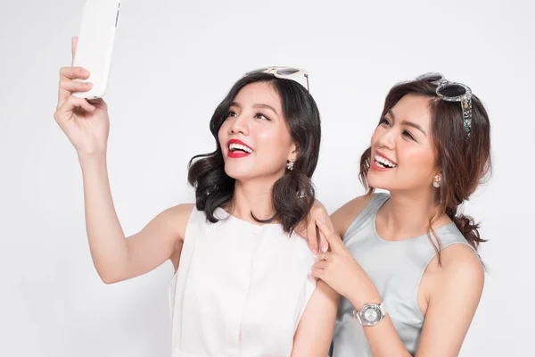 Two Fashionable Girls Nice Dresses Standing Together Taking Selfie — Stock Photo, Image