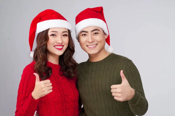 Asiatisches Paar Mit Weihnachtsmütze Geste Hände — Stockfoto