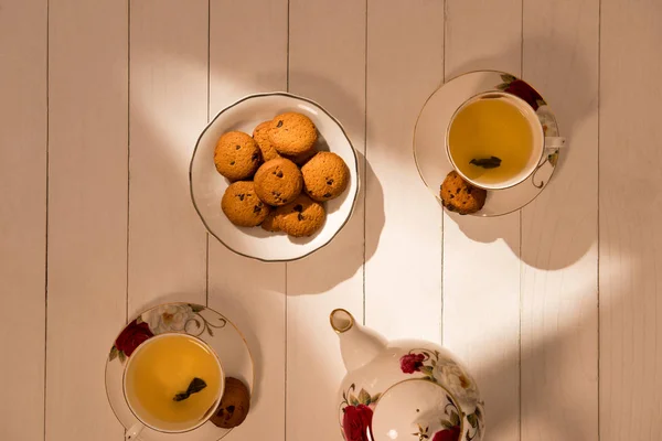 Afternoon Tea Table Tea Set Sweet Cakes Cookies — Stock Photo, Image
