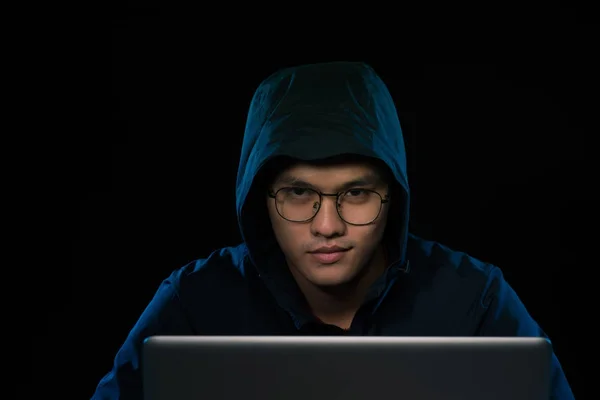 Asian Hacker Hacking Computer Network Laptop Dark Cyber Security Concept — Stock Photo, Image