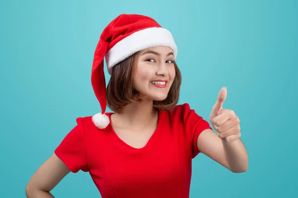 Sorrindo Asiático Mulher Retrato Com Natal Santa Chapéu Gesto Número — Fotografia de Stock