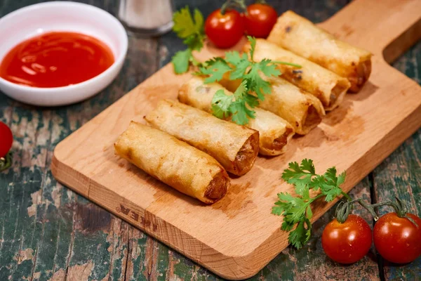 Vietnamese Food Delicious Homemade Spring Rolls Wooden Table — Stock Photo, Image