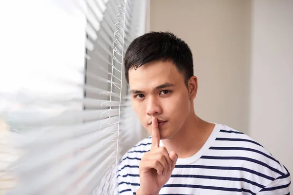 Attractive Man Finger Lips Making Silence Gesture Shh — Stock Photo, Image