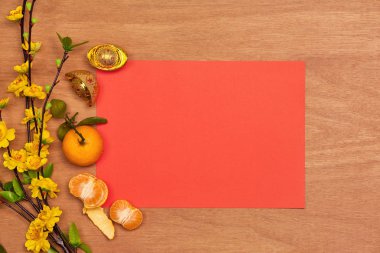 Çin yeni yılı yiyecek ve içecek natürmort kavramsal düz yatıyordu.