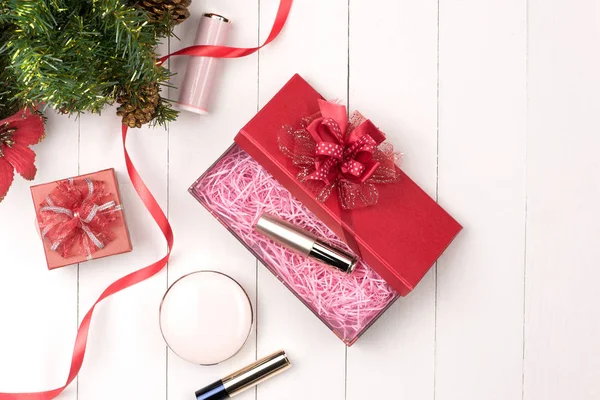 Téli Üdülési Dekoráció Nők Kozmetikai Ajándék Boldog Évet Boldog Karácsonyt — Stock Fotó