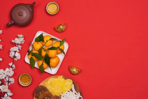 Koncepcyjne Płaskim Leżała Martwa Chiński Nowy Rok Jedzeniem Piciem — Zdjęcie stockowe