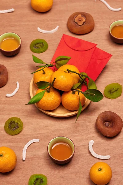 Chinese New Year Traditional Table Setting Tangerines — Stock Photo, Image