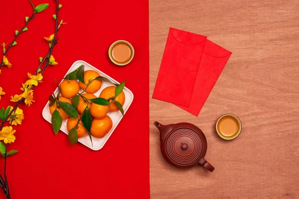 Overhead Top Decorations Chinese New Year Festive Background Concept Mix — Stock Photo, Image