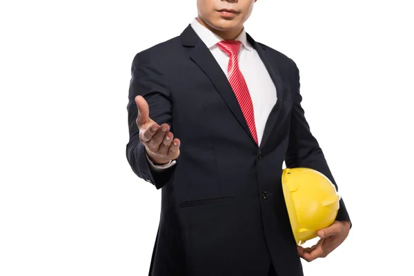 Empresário Vestindo Capacete Estendendo Mão Para Aperto Mão Isolado Branco — Fotografia de Stock