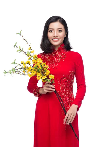 美丽的亚洲女性对传统节日的肖像服装 Dai Hoa Ochna Integerrima 春节假期 农历新年 — 图库照片