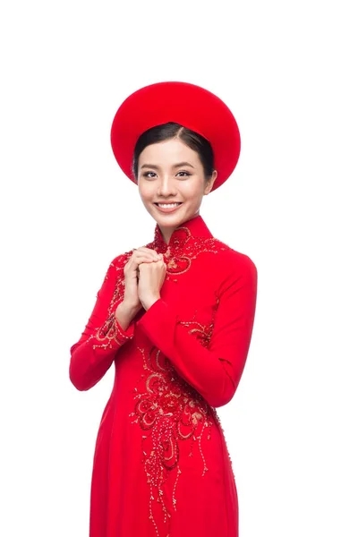 Young Vietnamese Woman Dai Dress Praying Gesture Wishing You Good — Stock Photo, Image