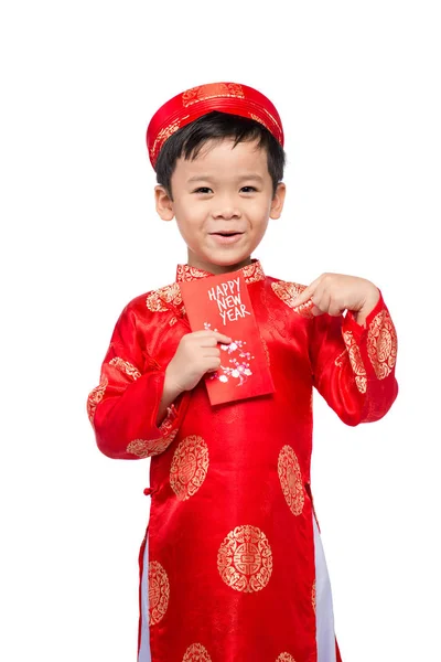 Mały Chłopiec Wietnamski Trzymając Czerwony Envelops Tet Słowo Oznacza Podwójne — Zdjęcie stockowe
