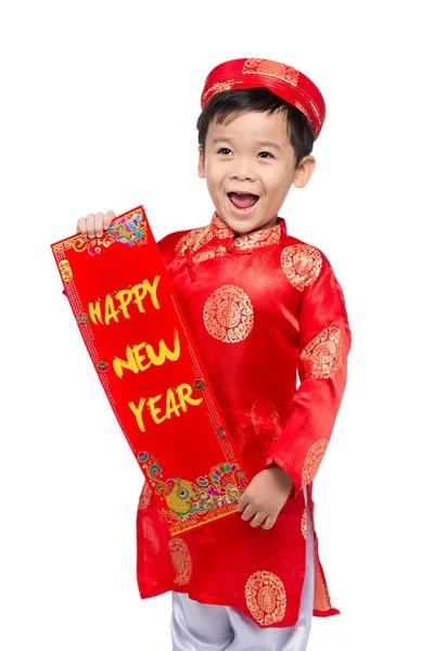 Vietnamita Boy Kid Parabenizando Com Seu Ano Novo Feliz Ano — Fotografia de Stock