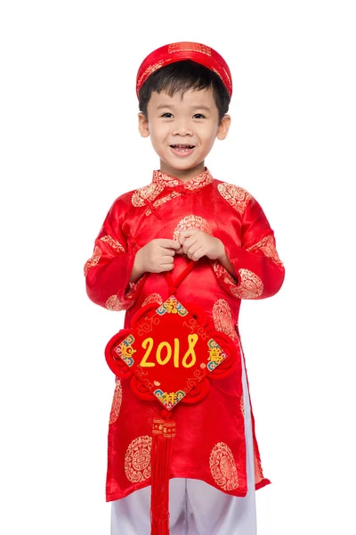 Bonito Menino Vietnamita Vermelho Dai Vestido Sorrindo Tet Holiday 2018 — Fotografia de Stock