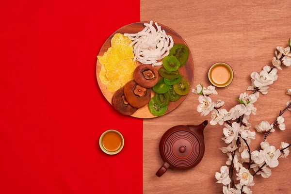 Koncepcyjne Płaskim Leżała Martwa Chiński Nowy Rok Jedzeniem Piciem — Zdjęcie stockowe