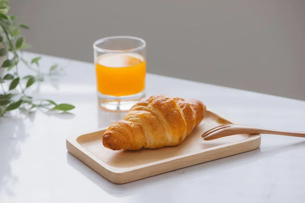 Morning Breakfast Orange Juice Croissant Table — Stock Photo, Image