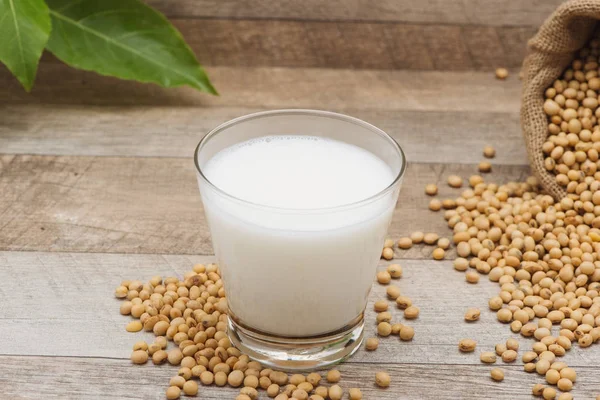 Glass Soy Milk Soy Bean Wooden Background — Stock Photo, Image