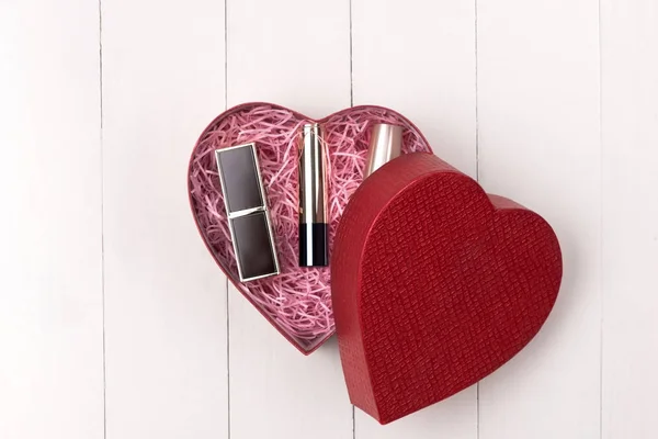 Make Kosmetik Herzform Box Auf Holztisch Das War Eine Schwere — Stockfoto