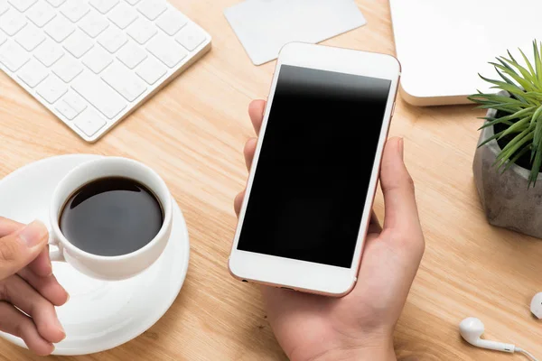 Nahaufnahme Telefon Smartphone Attrappe Auf Büroschreibtisch — Stockfoto