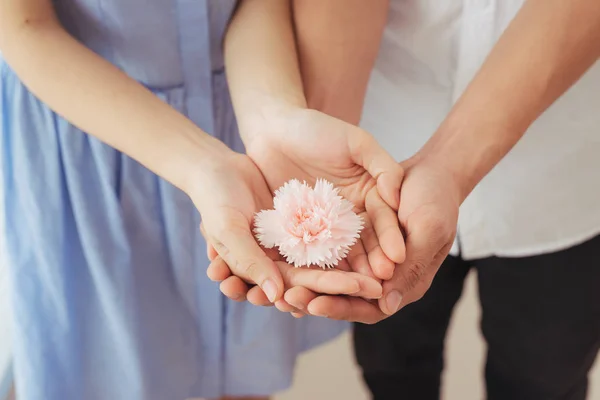 Ερωτευμένο Ζευγάρι Ανδρική Και Γυναικεία Χέρια Κρατώντας Ροζ Λουλούδι — Φωτογραφία Αρχείου