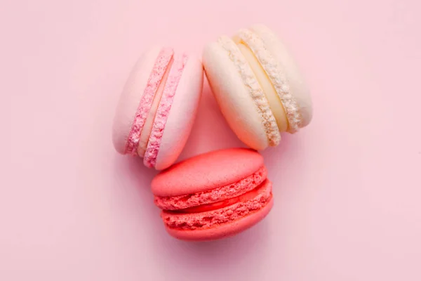 Top View Pink White Macarons Soft Sweet Pink Background — Stock Photo, Image