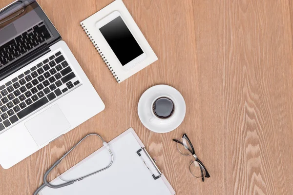 Wooden Doctor Desk Background Horizontal Medical Concept Copy Space — Stock Photo, Image