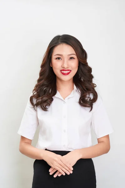 Hermosa Feliz Asiática Joven Sonriente Mujer Negocios Camisa Blanca Falda — Foto de Stock