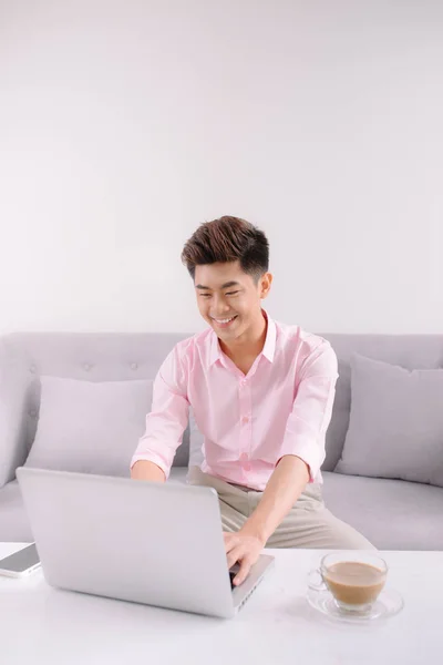 Handsome Asian Businessman Smiling Working Laptop Sitting Coach — Stock Photo, Image