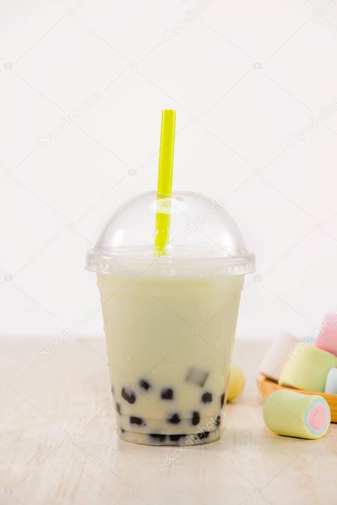 Lemon Boba Bubble Tea with marshmallow and crushed ice.