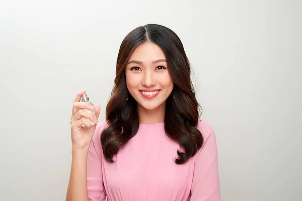 Beautiful Asian Woman Holding Perfume Bottle Applying — Stock Photo, Image