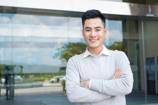 Portrait Handsome Confident Asian Man Standing Building — Stock Photo, Image