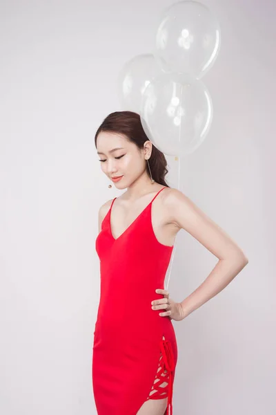Ásia Bela Mulher Vermelho Vestido Com Pastel Balões — Fotografia de Stock