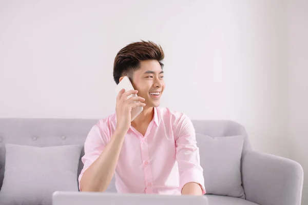 Young Handsome Asian Man Laptop Phone — Stock Photo, Image