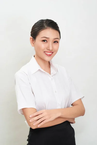 Hermosa Feliz Asiático Joven Sonriente Negocios Mujer Blanco Camisa Falda —  Fotos de Stock