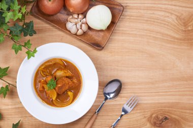 Tavuk köri bir kase / Vietnam tavuk köri ahşap arka plan üzerinde