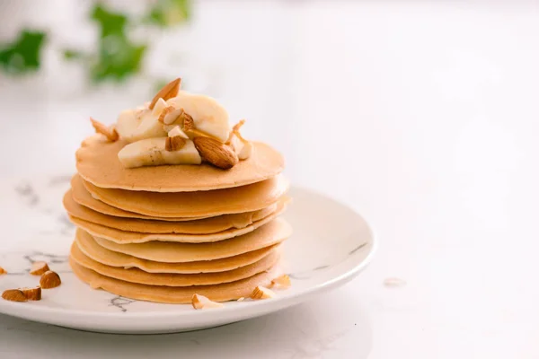 Banana Cashew Pancakes Bananas Caramel Sauce — Stock Photo, Image