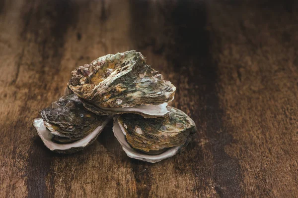 Raw Oyster Wooden Table Close View — Stock Photo, Image