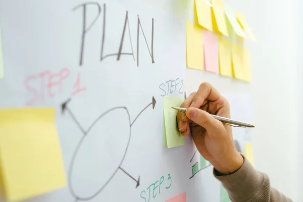 Businessman Office Writing Notes Whiteboard Close Hand — Stock Photo, Image