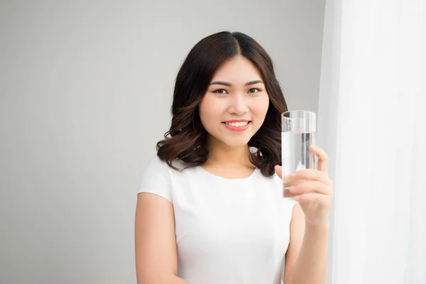 Portrait Happy Smiling Young Woman Glass Fresh Water — стоковое фото