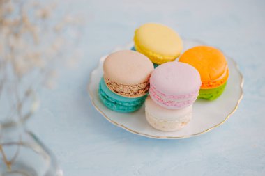 Lezzetli Fransız tatlı. Plaka üzerinde renkli pastel macaroons