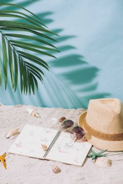 tropikal palmiye ağacı yaprakları, şapka, güneş gözlüğü ve mavi flip flop üzerinde gönder. Plaj aksesuarları 