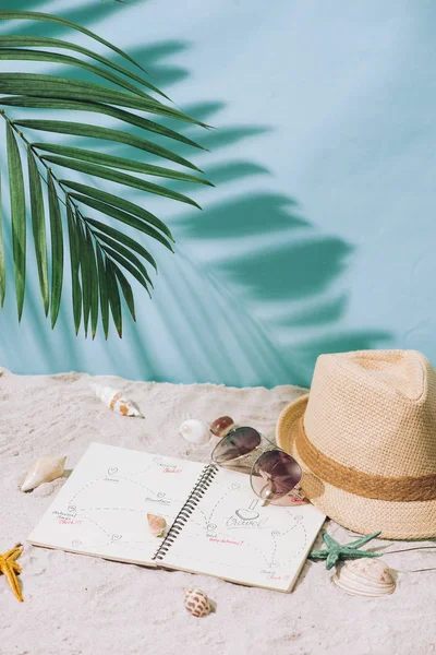 Tropikal Palmiye Ağacı Yaprakları Şapka Güneş Gözlüğü Mavi Flip Flop — Stok fotoğraf
