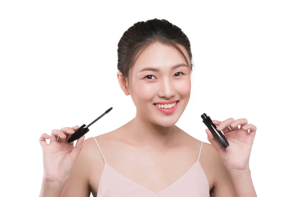 Maquillaje Ojos Aplican Cepillo Máscara Retrato Hermosa Mujer Asiática Con —  Fotos de Stock