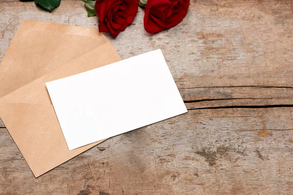 Rose Blank Paper Envelope Wooden Background Mother Day — Stock Photo, Image