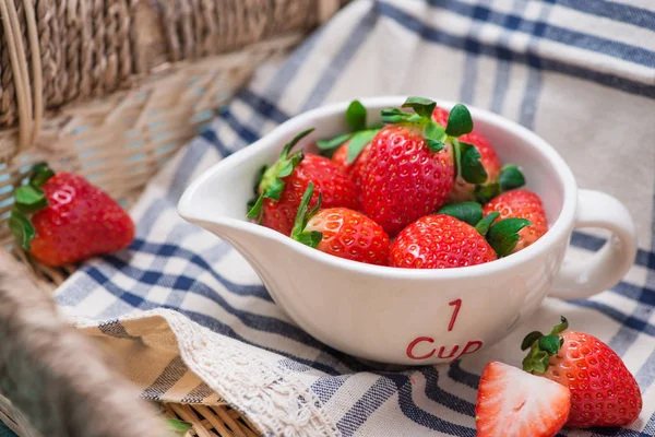 Bowl Fresh Strawberry Blue Wooden Table — Stock Photo, Image