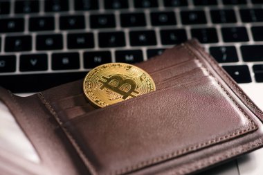Sanal para cüzdanı. Bitcoin altın sikke. Cryptocurrency kavramı.